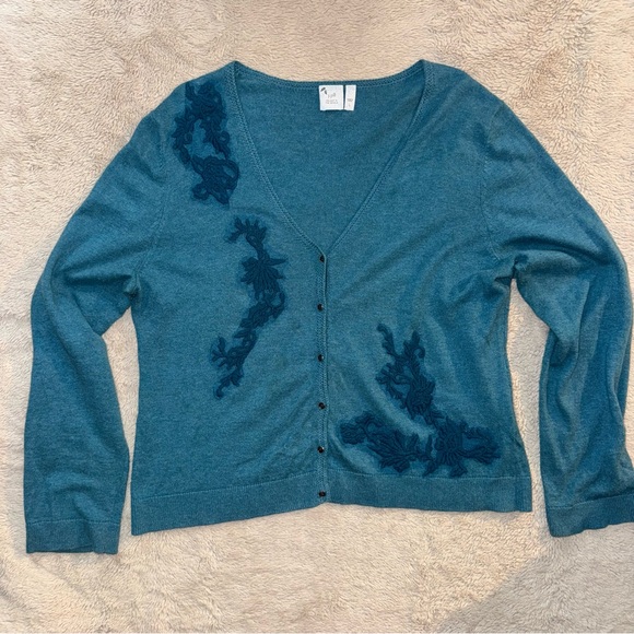 J. Jill Sweaters - J. Jill Blue Cardigan Sweater with Artistic Design